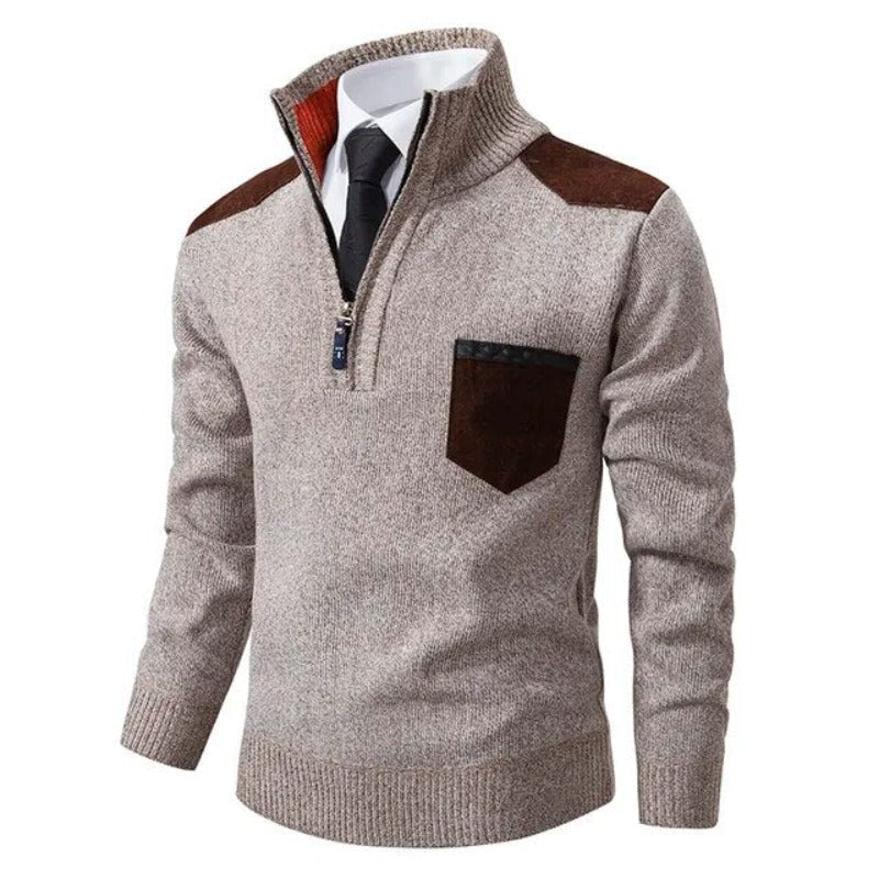 Pull homme col montant zippé à poche poitrine et empiècements contrastants 1