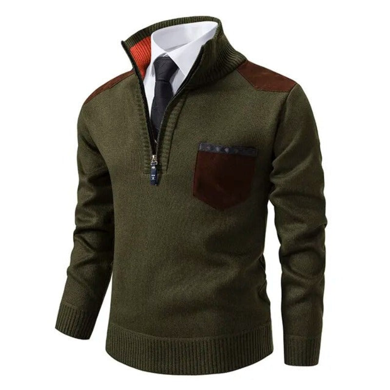 Pull homme col montant zippé à poche poitrine et empiècements contrastants 2