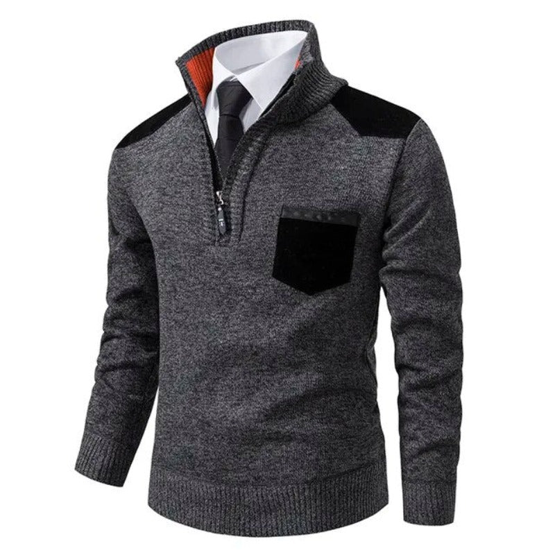 Pull homme col montant zippé à poche poitrine et empiècements contrastants 4
