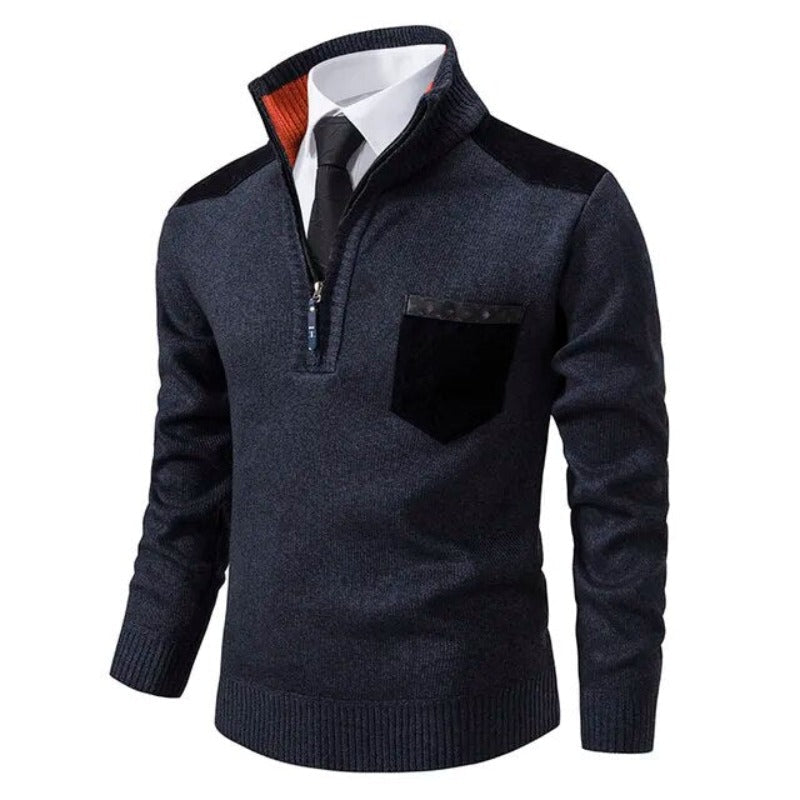 Pull homme col montant zippé à poche poitrine et empiècements contrastants 6