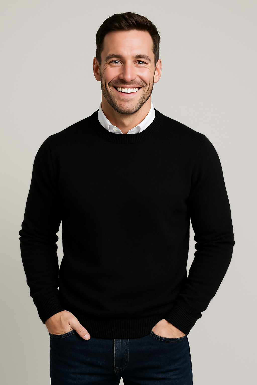 Pull homme col rond coupe classique à poignets côtelés 1