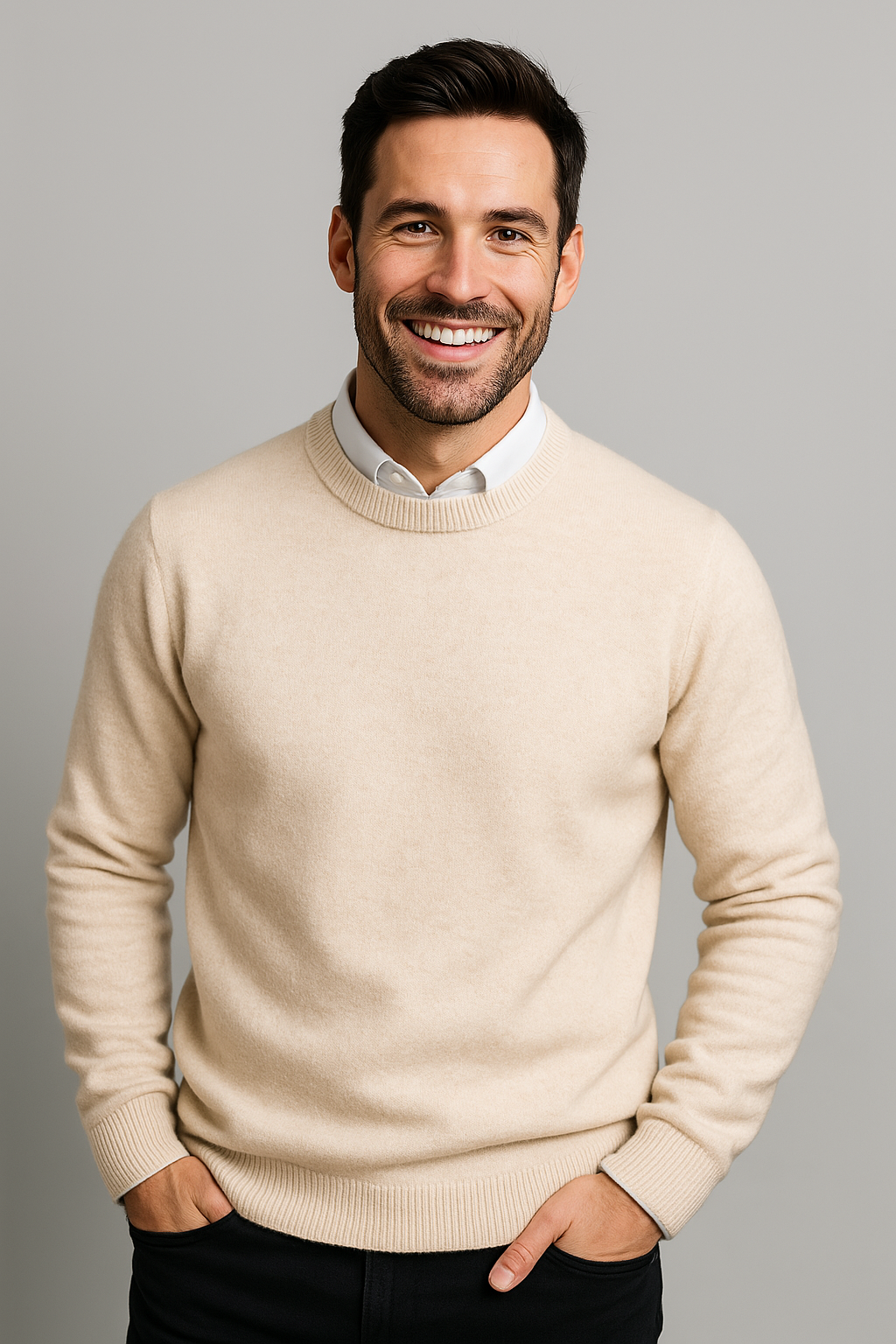 Pull homme col rond coupe classique à poignets côtelés 2