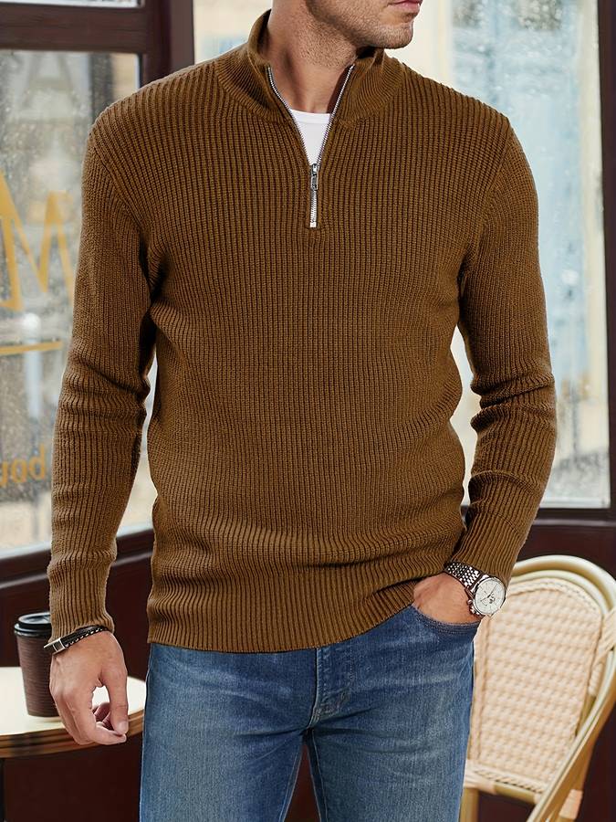 Pull homme côtelé à col montant zippé manches longues 2