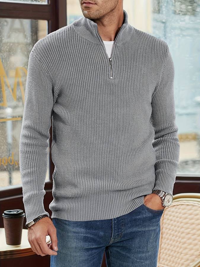 Pull homme côtelé à col montant zippé manches longues 5