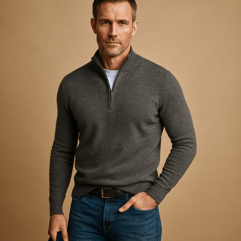 Pull homme demi-zip à col montant en maille 8