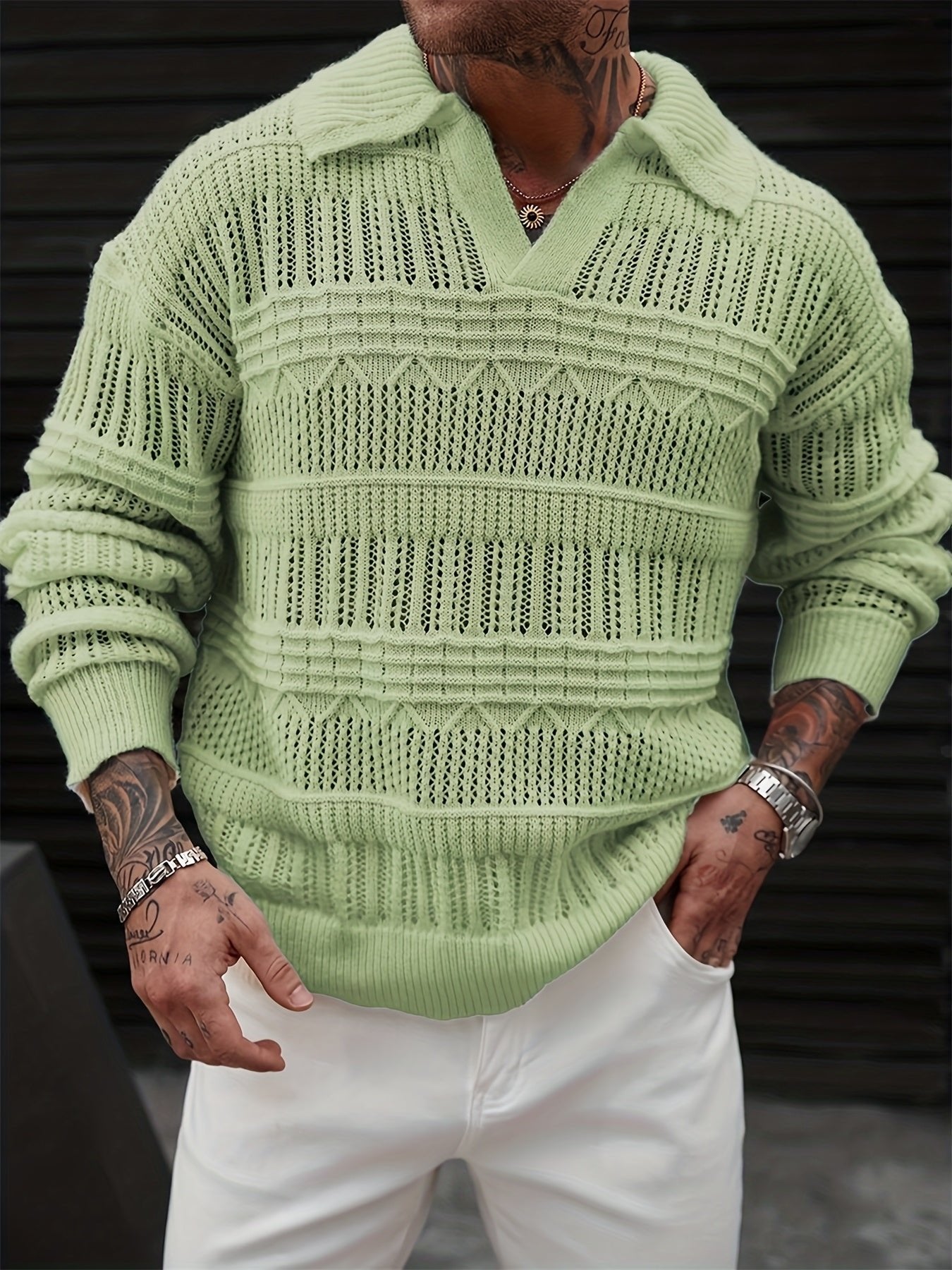 Pull homme en maille ajourée à col polo 1