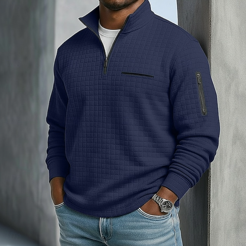 Pull homme gaufré demi-zip manches longues 1