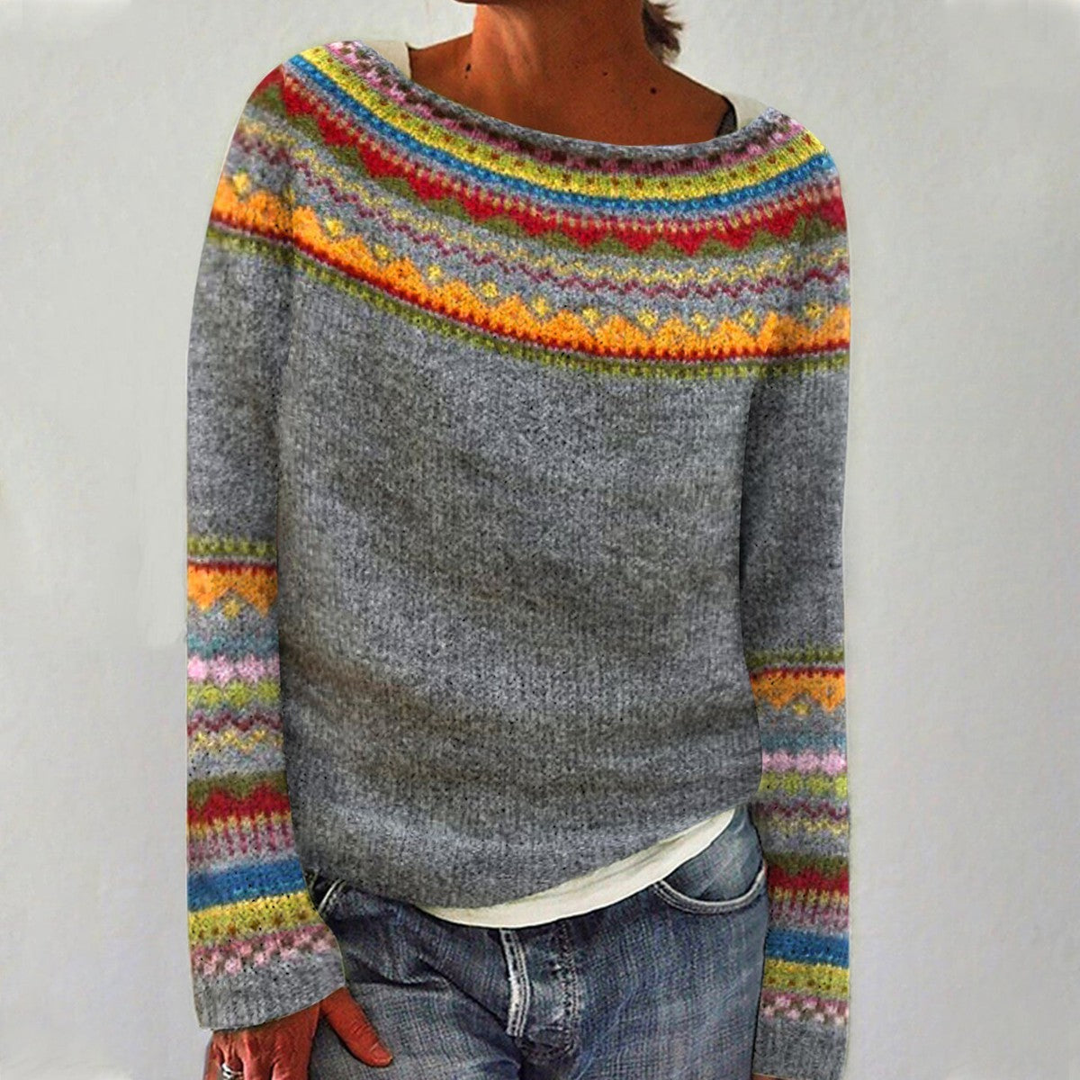 Pull norvégien femme en maille à motif jacquard et col rond 1
