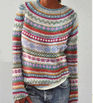 Pull norvégien femme en maille à motif jacquard et col rond 3