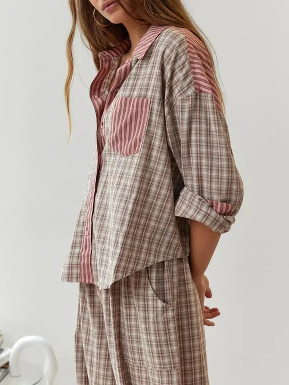Pyjama coton femme à carreaux, haut boutonné à manches longues 1