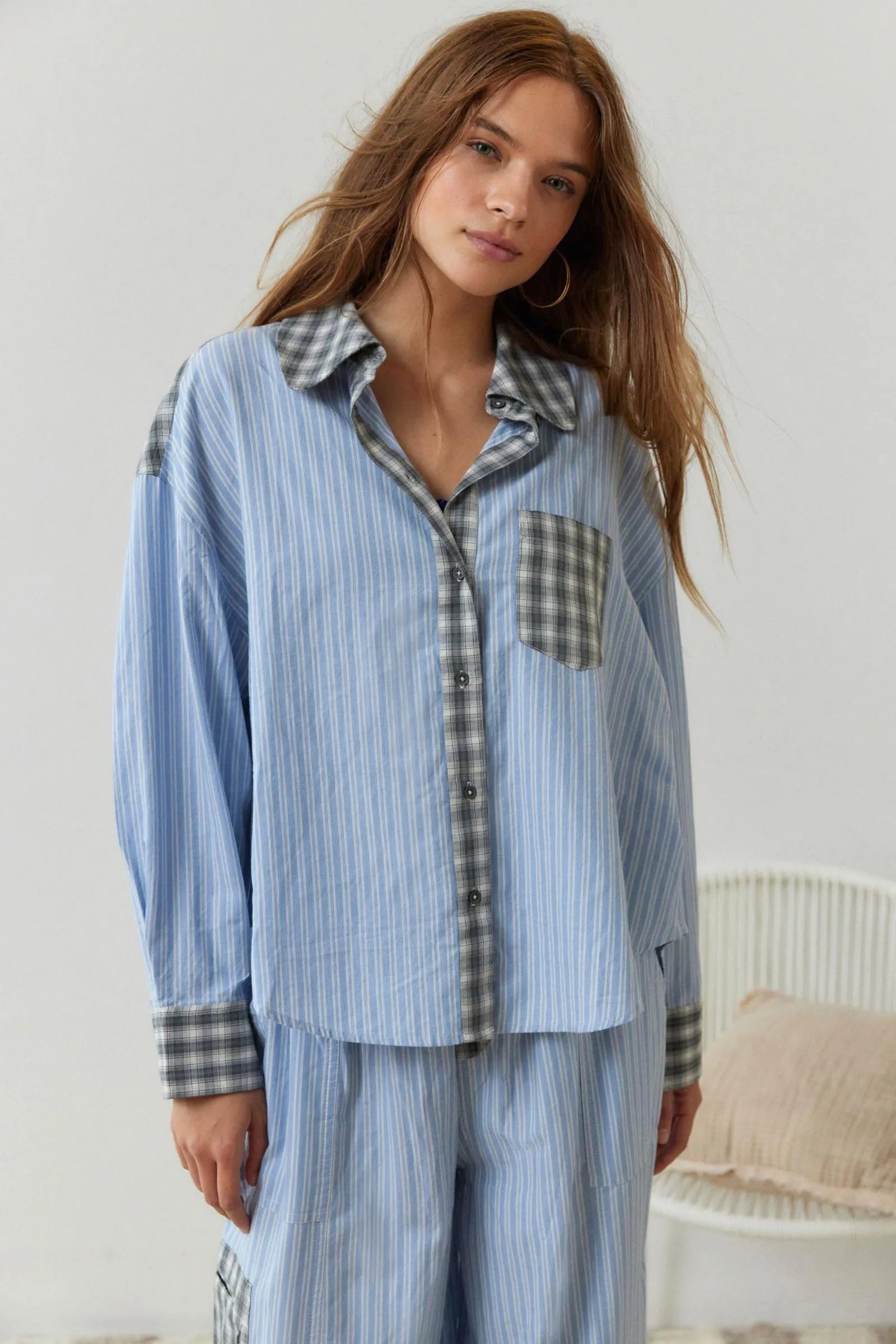 Pyjama coton femme à carreaux, haut boutonné à manches longues 2