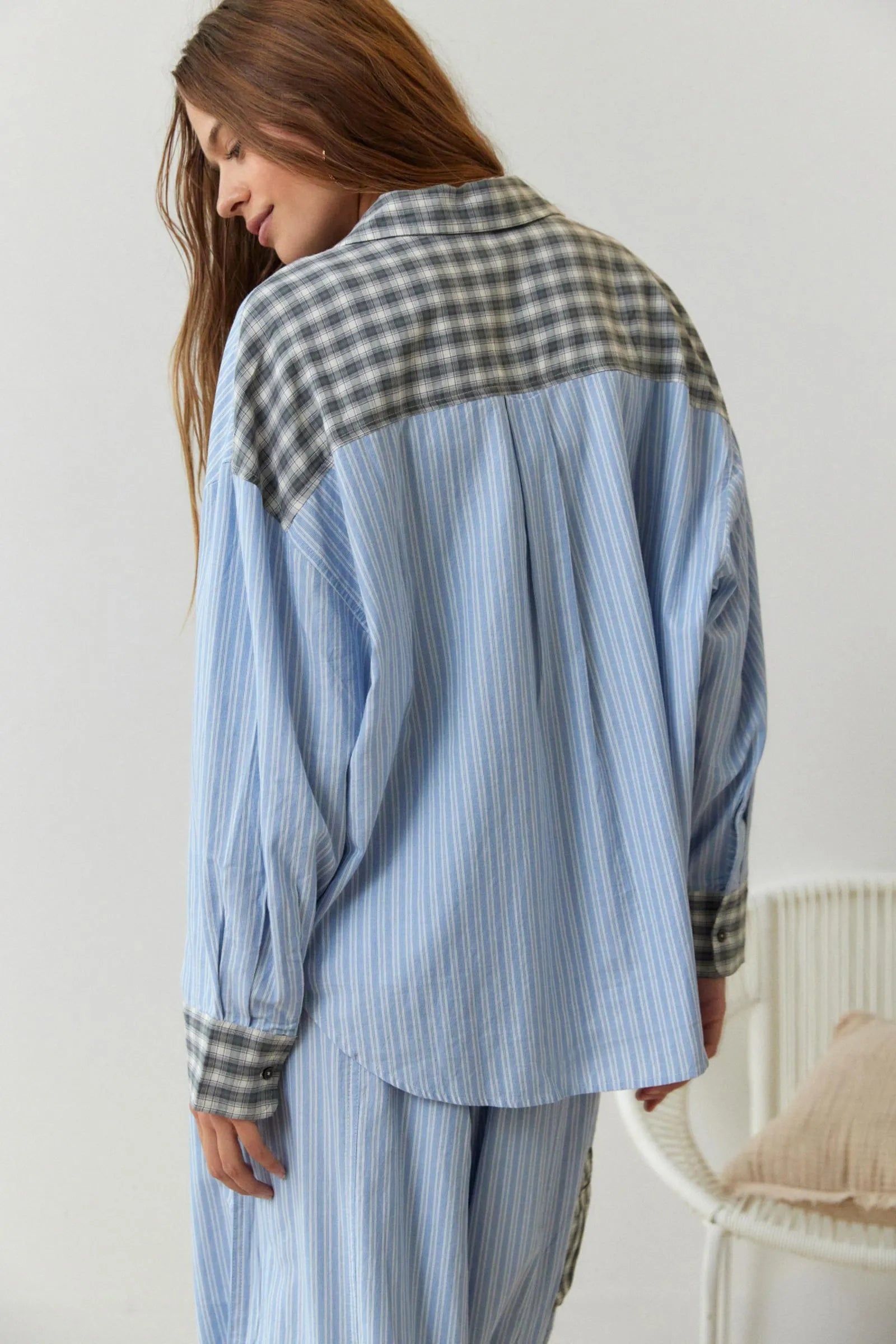 Pyjama coton femme à carreaux, haut boutonné à manches longues 3