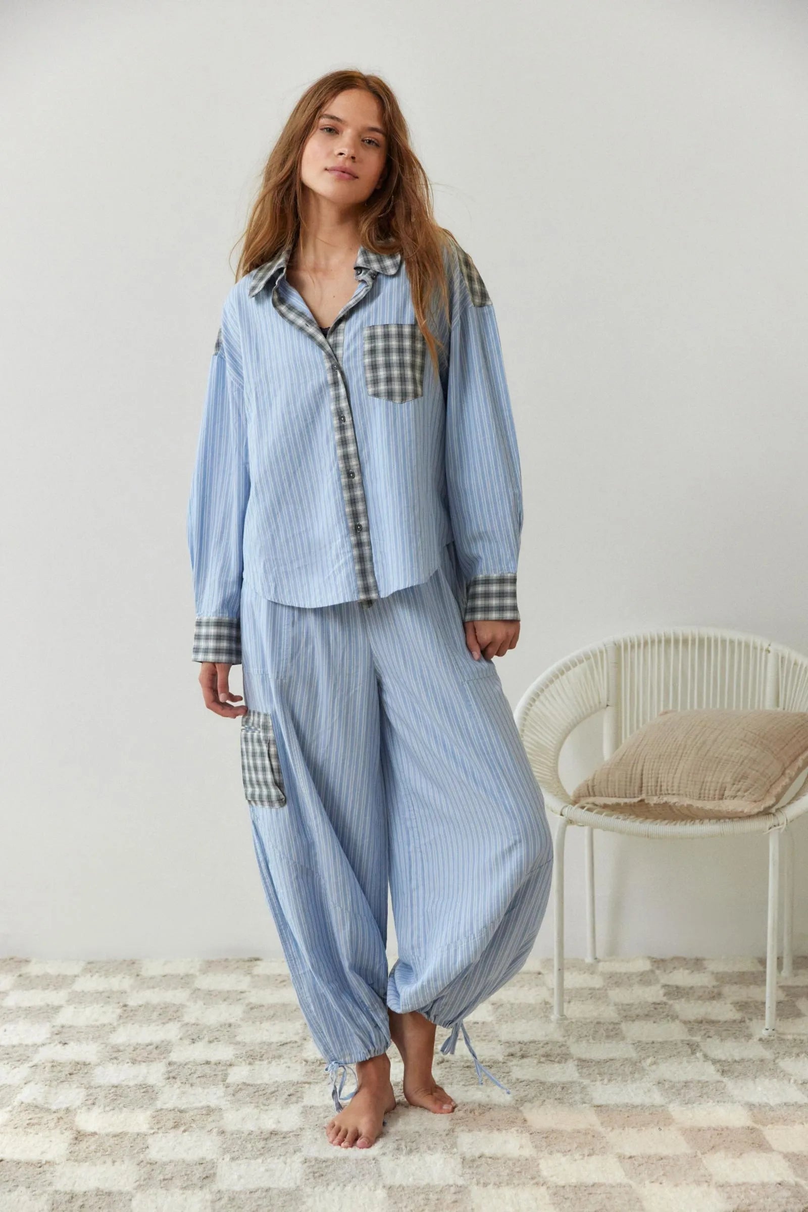 Pyjama coton femme à carreaux, haut boutonné à manches longues 4