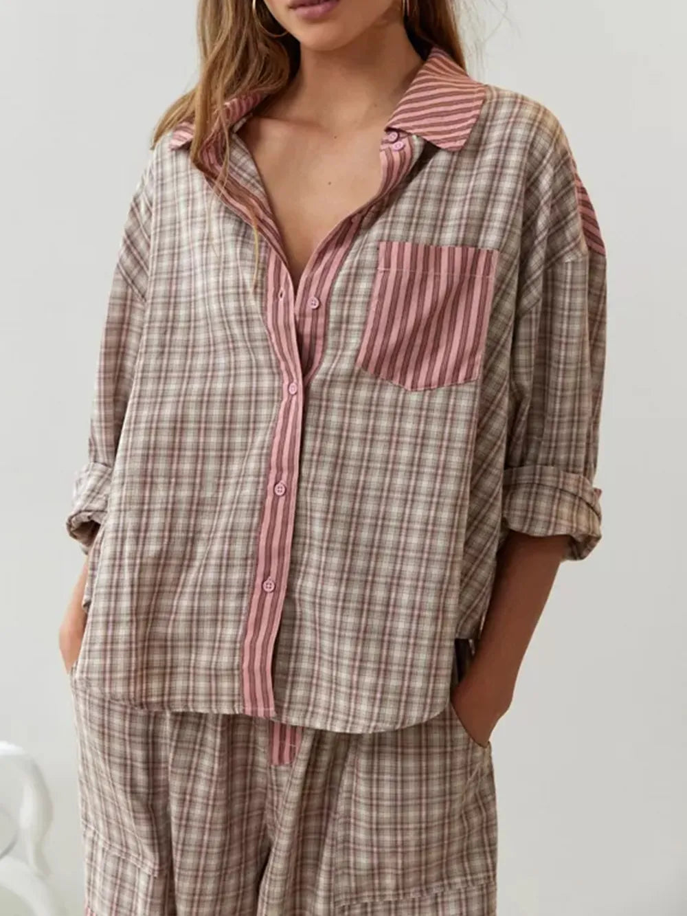 Pyjama coton femme à carreaux, haut boutonné à manches longues 5