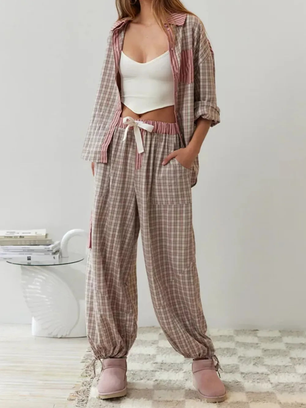 Pyjama coton femme à carreaux, haut boutonné à manches longues 6