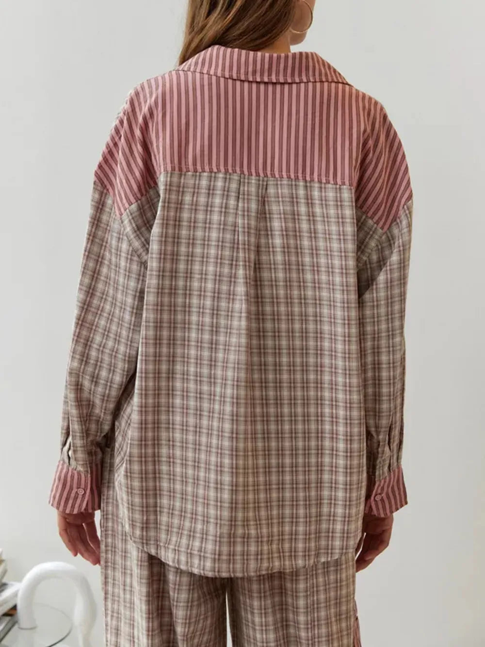 Pyjama coton femme à carreaux, haut boutonné à manches longues 7
