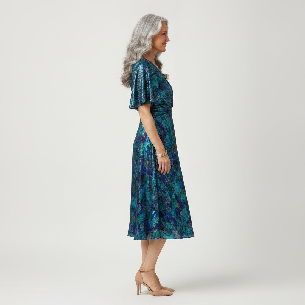 Side profile of the model wearing Midi zomerjurk voor vrouwen