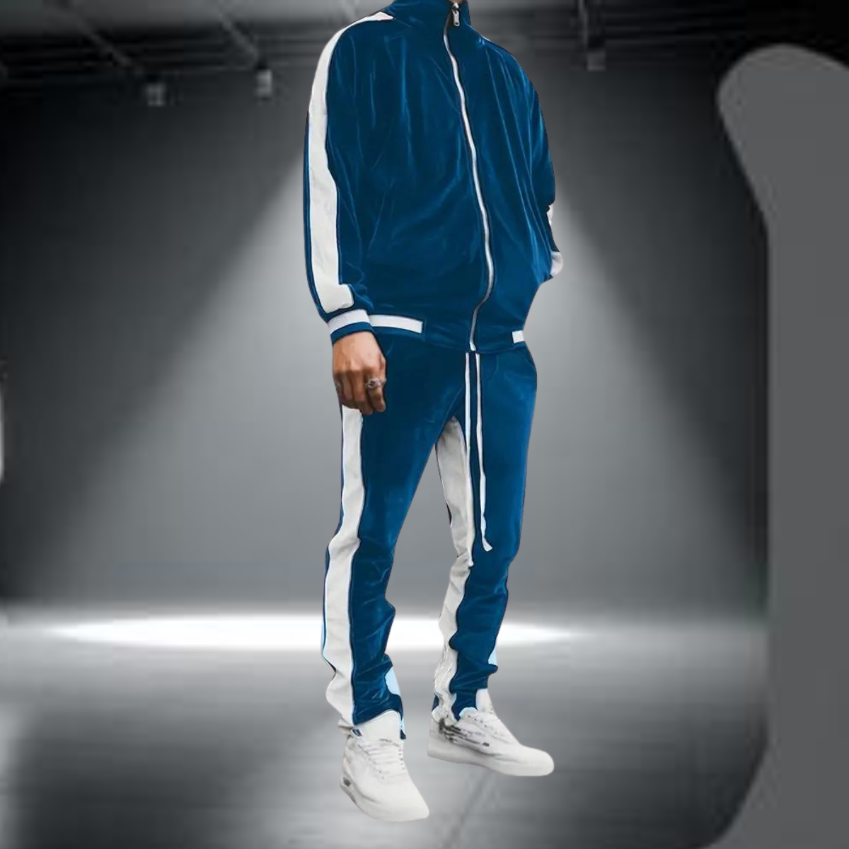 Survêtement homme en velours zippé à col montant et bandes latérales 1