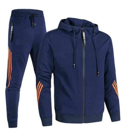 Survêtement homme léger à capuche zippé avec bandes et jambe droite 1