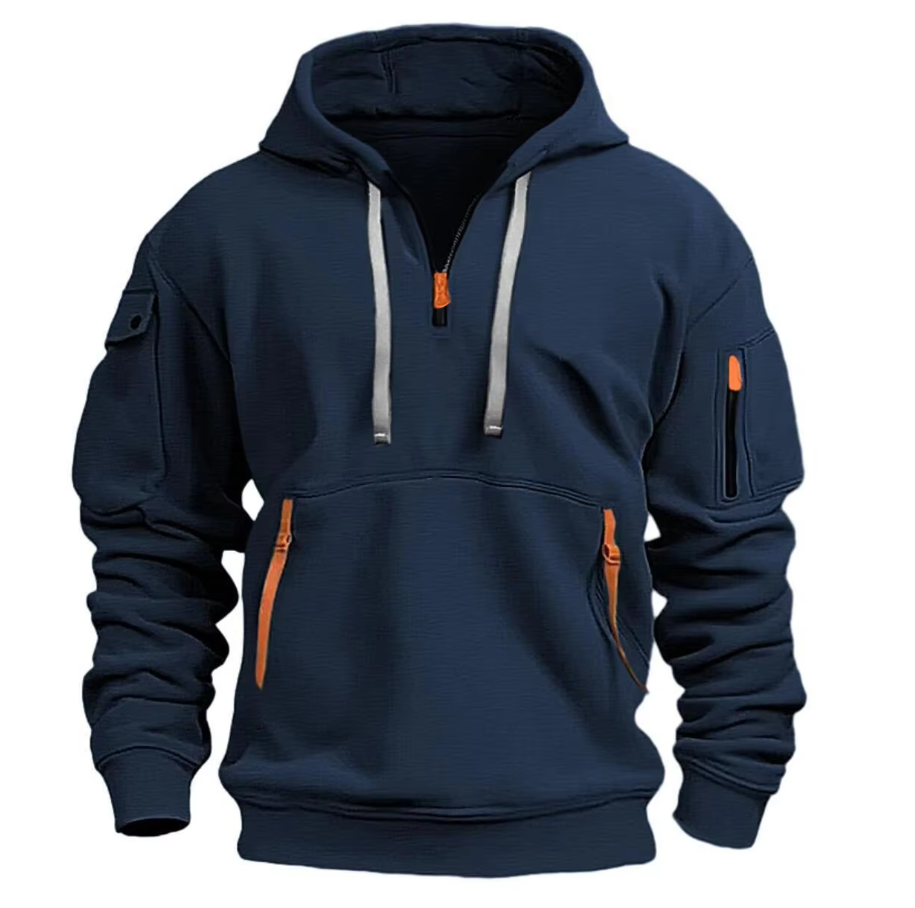 Sweat à capuche homme demi-zip à poches zippées et poche manche 1