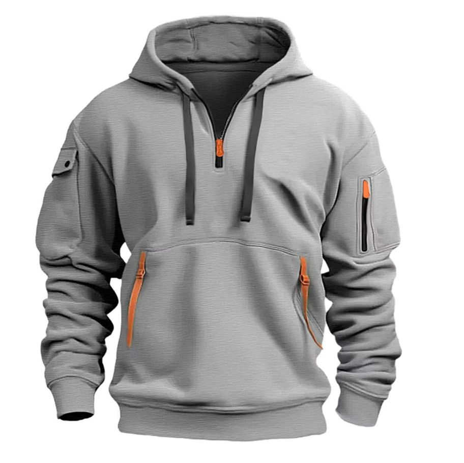 Sweat à capuche homme demi-zip à poches zippées et poche manche 2