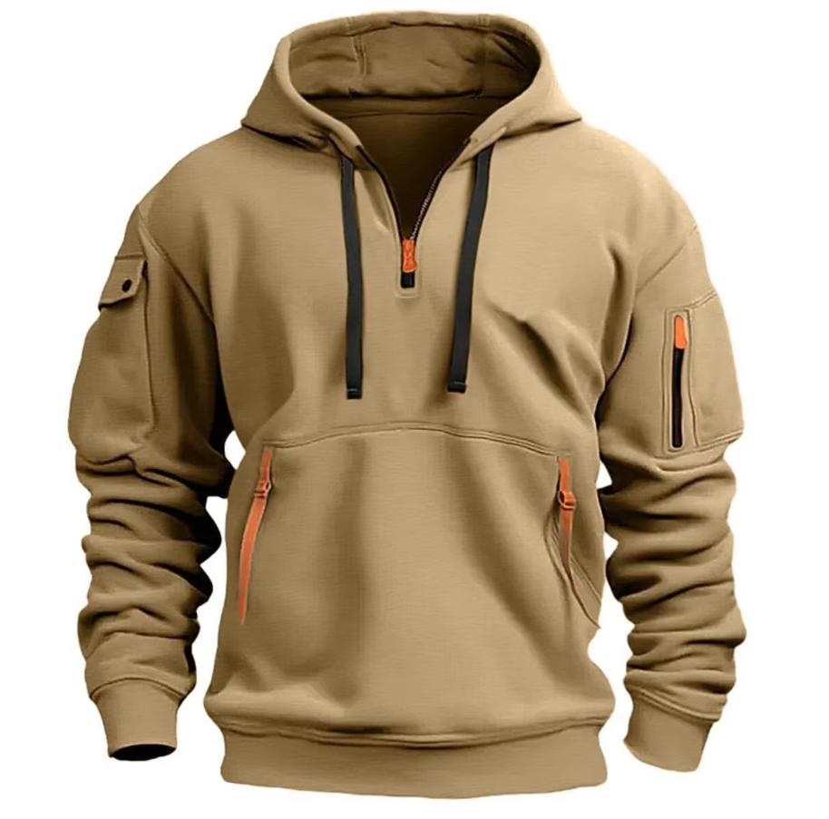Sweat à capuche homme demi-zip à poches zippées et poche manche 3