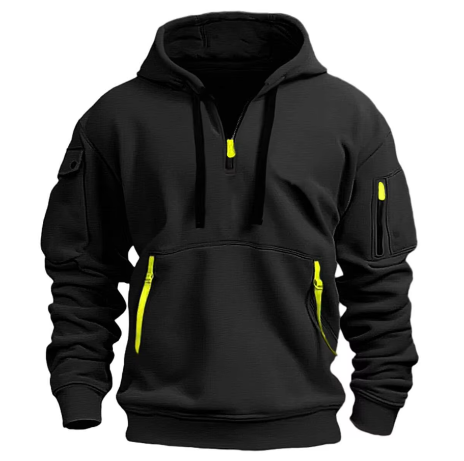 Sweat à capuche homme demi-zip à poches zippées et poche manche 4