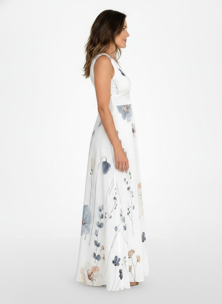 Side profile of the model wearing Midi-jurk met bloemenprint en V-hals voor dames