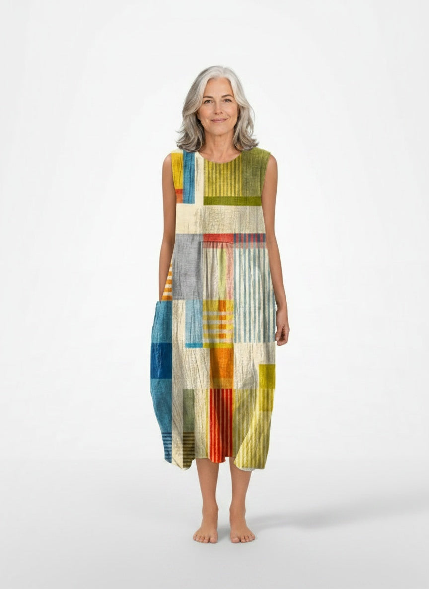 Full body view of the model wearing Amélie – Zomerjurk met stralend geometrisch patroon voor vrouwen