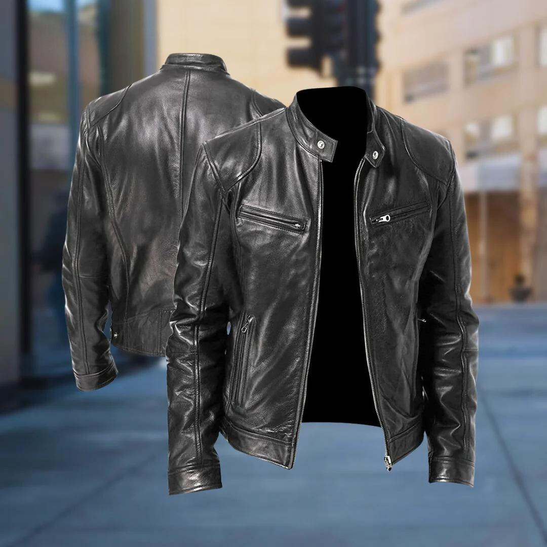 Veste en cuir homme col montant zippée coupe ajustée 4