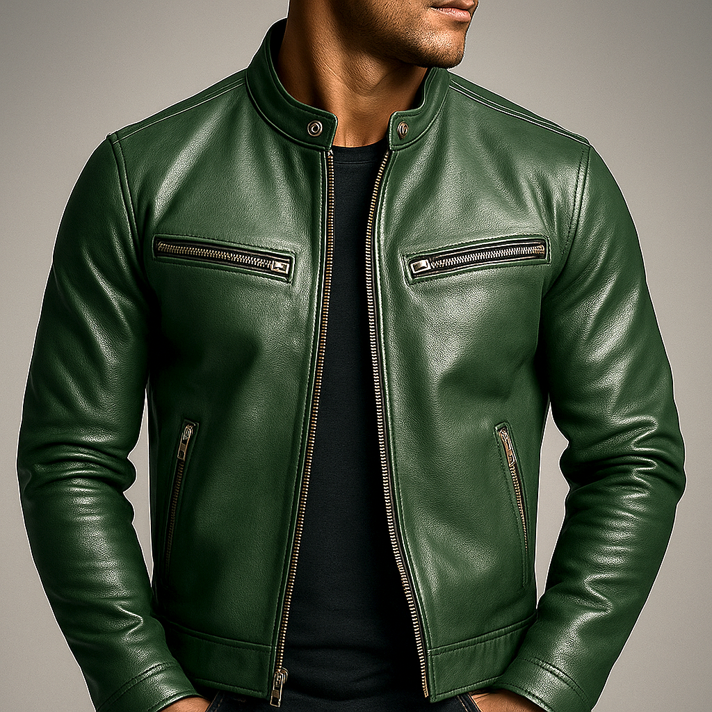 Veste en cuir homme motard col montant coupe ajustée 1