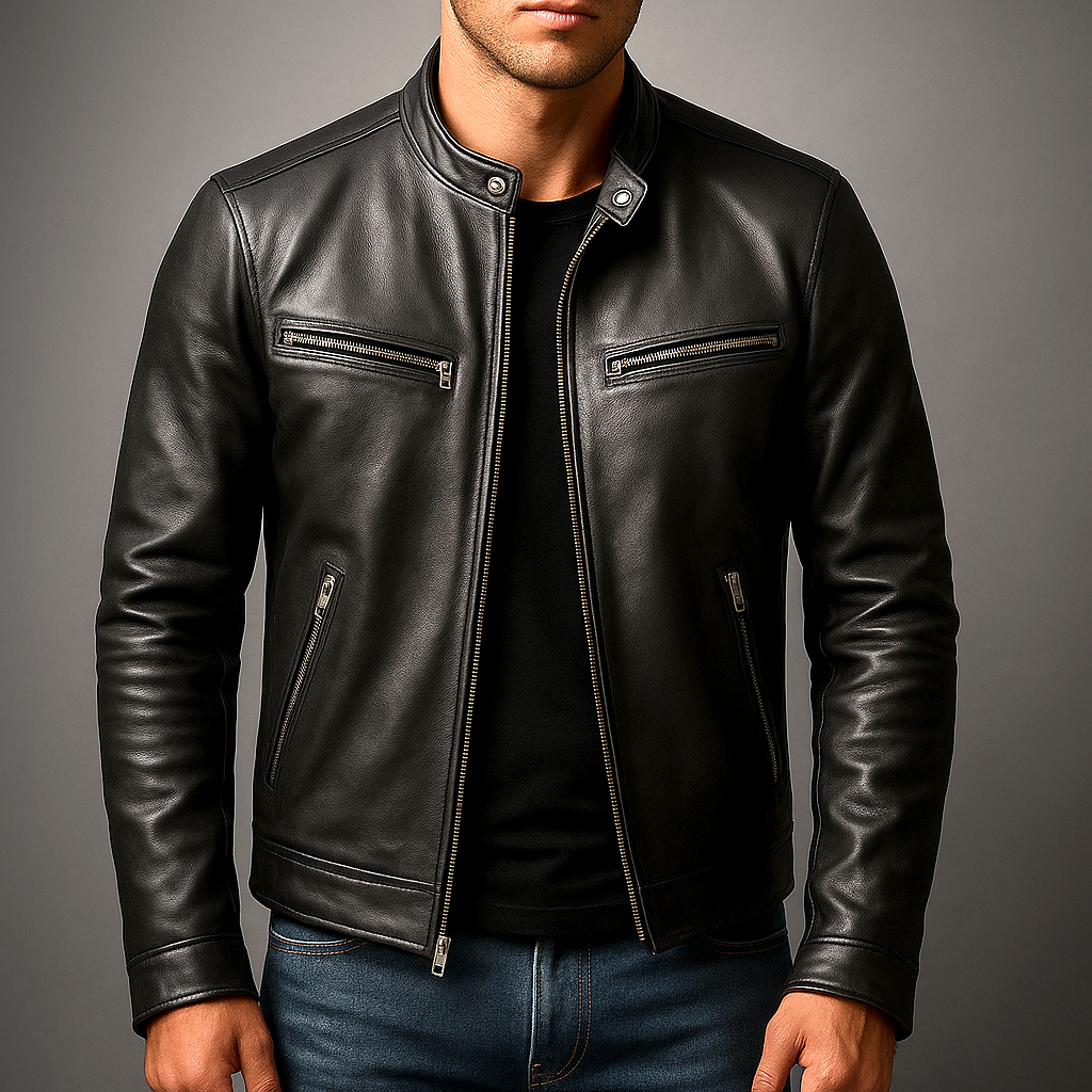 Veste en cuir homme motard col montant coupe ajustée 2