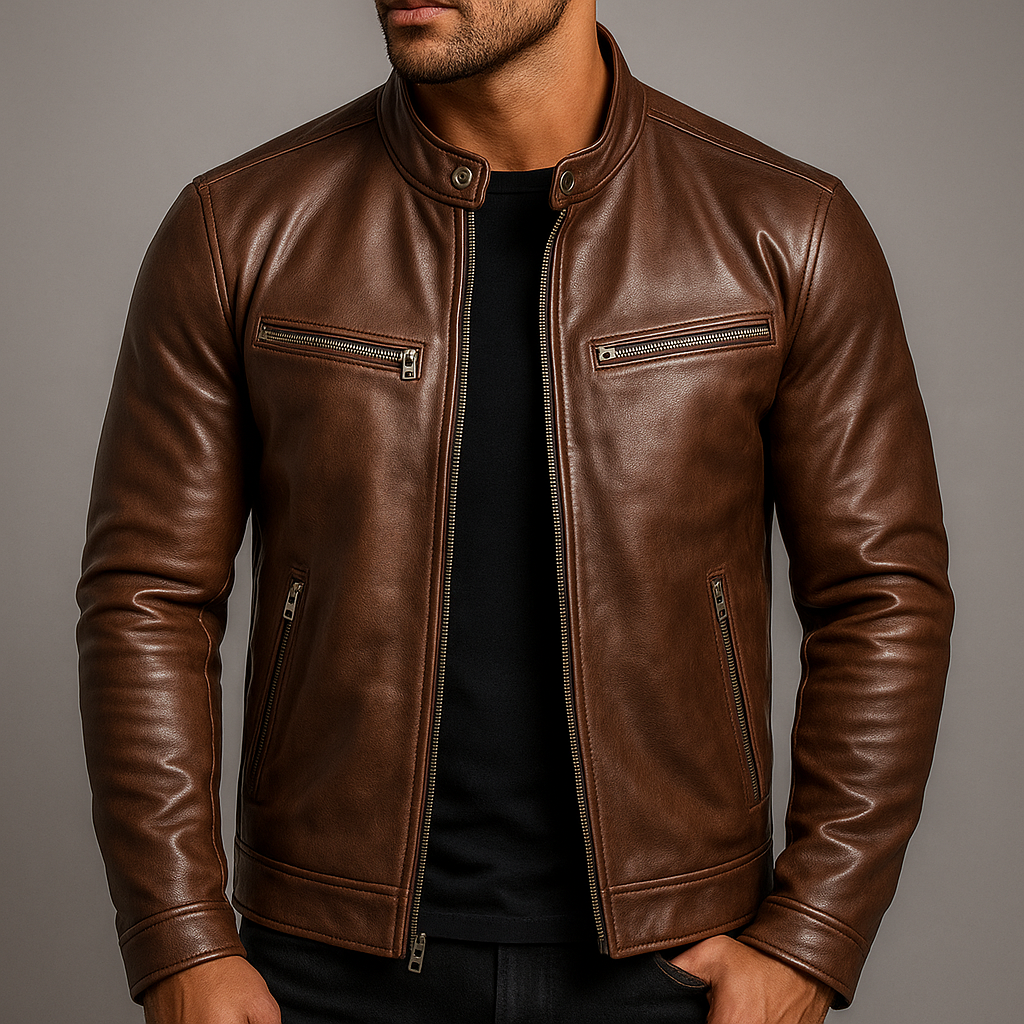 Veste en cuir homme motard col montant coupe ajustée 3