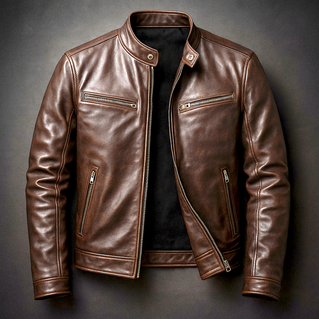 Veste en cuir homme motard col montant coupe ajustée 4