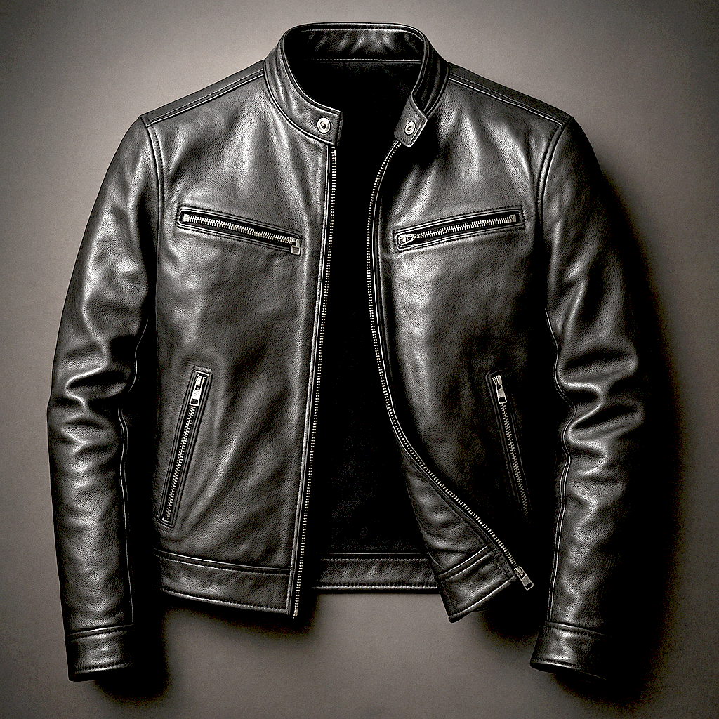 Veste en cuir homme motard col montant coupe ajustée 5