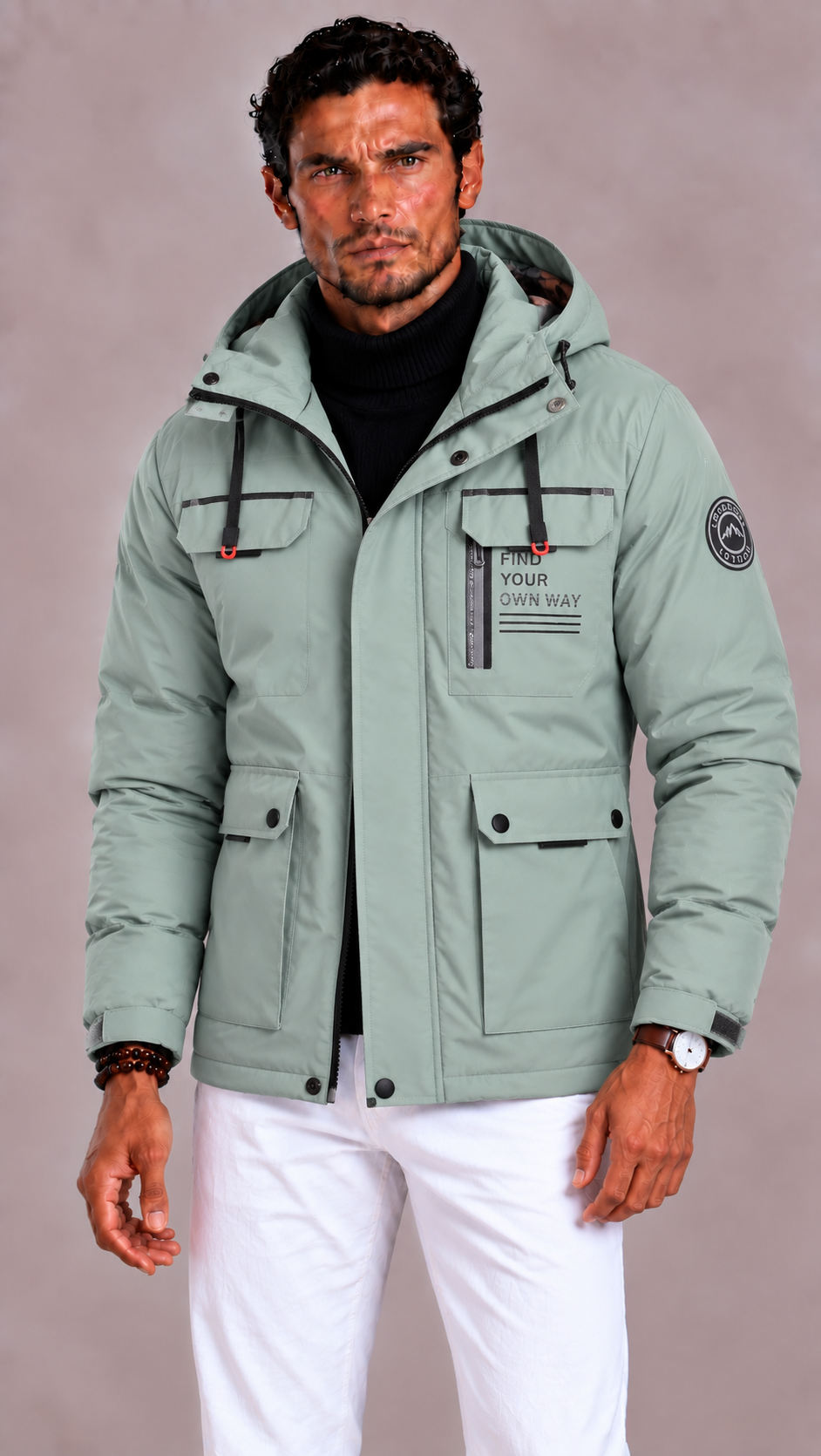 Veste homme d'hiver à capuche déperlante et coupe-vent 1